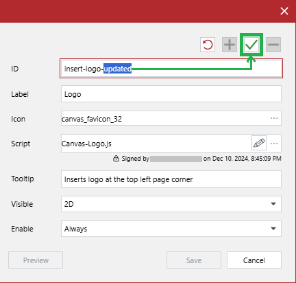 The Confirm toolbar button active on the Custom Ribbon Configuration Editor dialog
