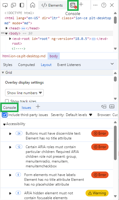Console tabs in the Developer tools browser pane