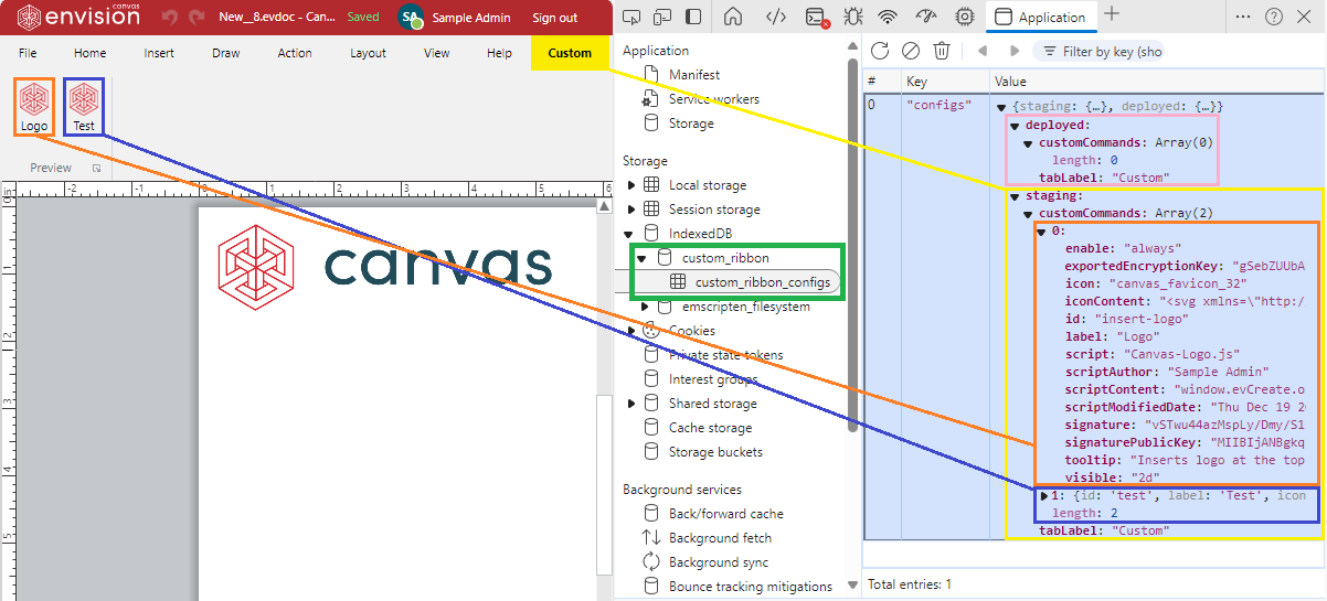 Custom ribbon tab with buttons in the app database shown in the browser developer tools Custom ribbon tab with buttons in the app database shown in the browser developer tools