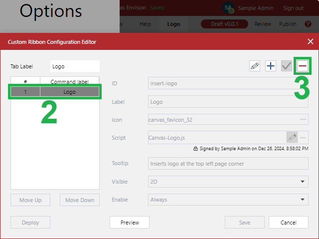 Deleting a single command button from the deployed custom ribbon tab