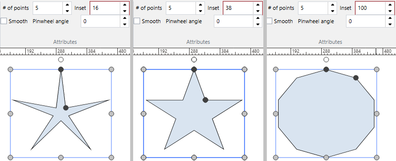 An inset parameter controls how far the intersection points of a Star multigon or inner points of a Star Outline 
multigon extend inward or outward, affecting the overall appearance of the shape.
