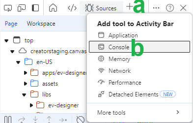 The More tools > Console option of the Developer tools browser pane toolbar