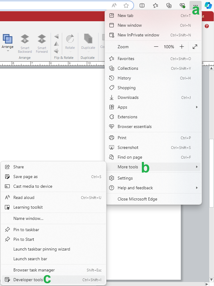 The More tools > Developer tools browser menu option