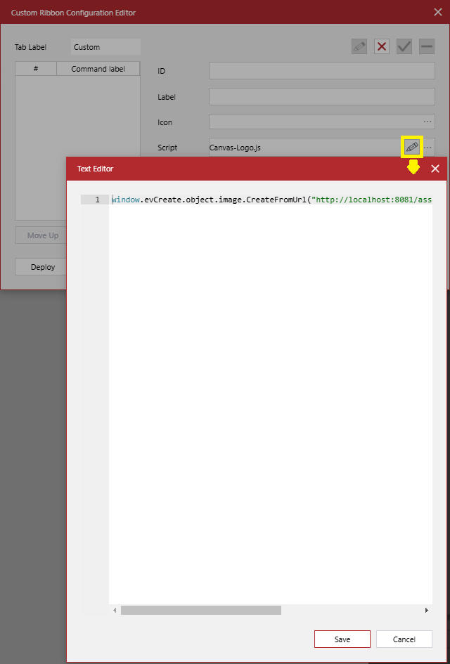 The Text Editor dialog launched from the Custom Ribbon Configuration Editor The Text Editor dialog launched from the Custom Ribbon Configuration Editor