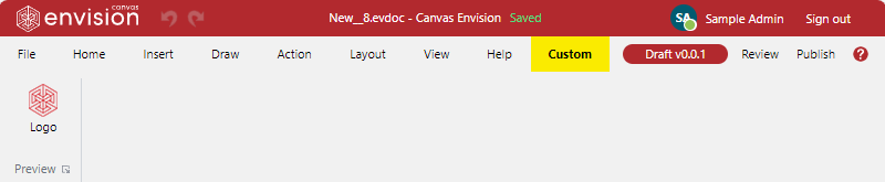 The staging custom ribbon tab with the default Custom name The staging custom ribbon tab with the default Custom name
