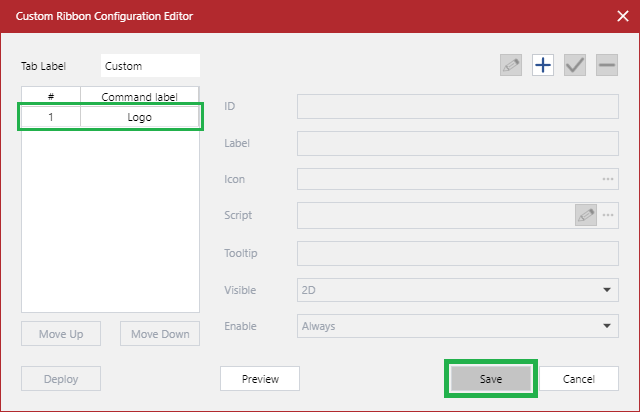 A newly created command button in the Custom Ribbon Configuration Editor dialog