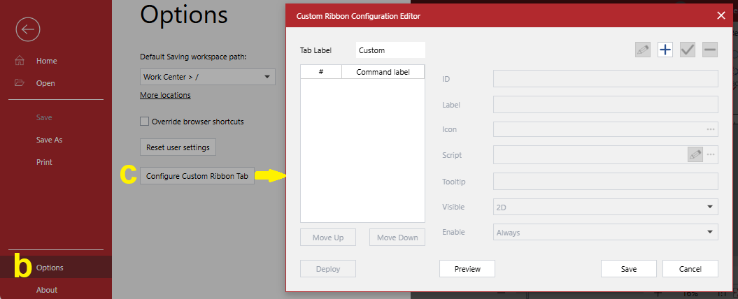 Accessing the Custom Ribbon Configuration Editor pop-up dialog box