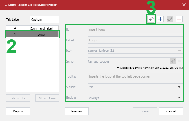 An existing command button selected in the Custom Ribbon Configuration Editor dialog