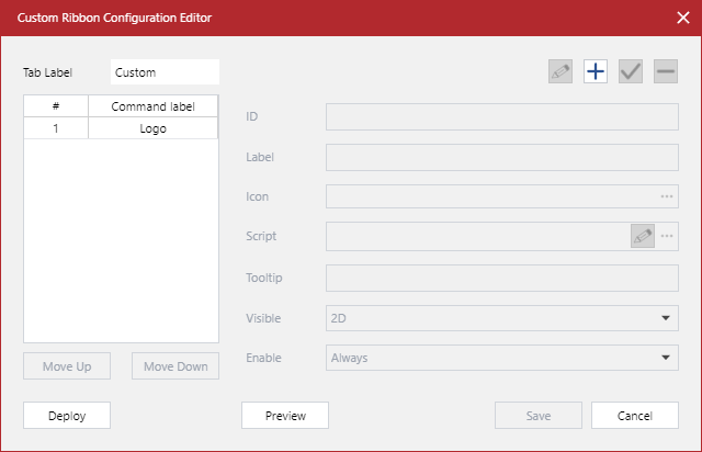 An existing command button unselected in the Custom Ribbon Configuration Editor dialog