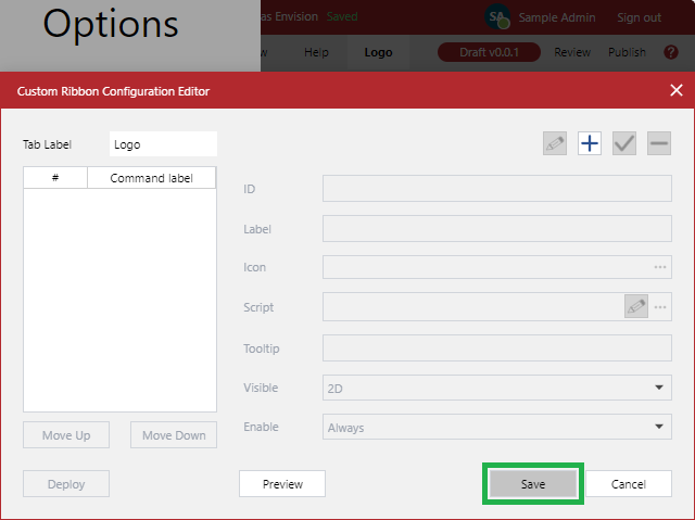 The blank Commands list and active Save button when deleting a single command button from the deployed custom ribbon tab