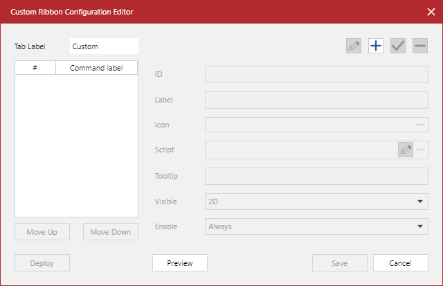 The blank Custom Ribbon Configuration Editor dialog The blank Custom Ribbon Configuration Editor dialog