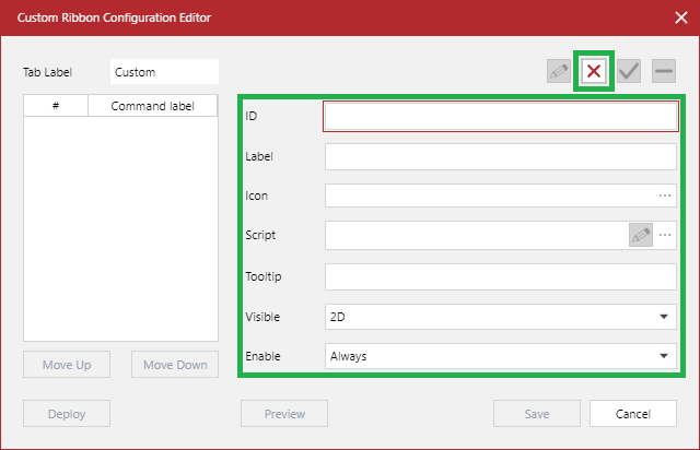 Blank fields in the Custom Ribbon Configuration Editor dialog when creating a new command button