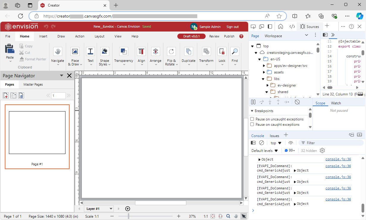 Browser console opened for the blank new Envision document