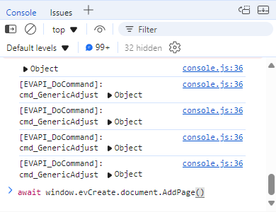 Calling await window.evCreate.document.AddPage() in the browser console