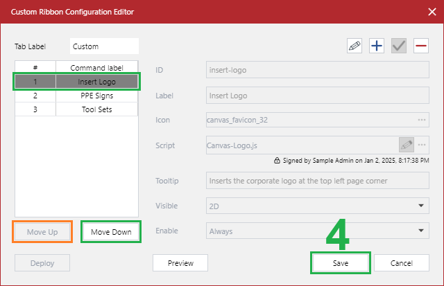 The command button moved to the first position in the Custom Ribbon Configuration Editor dialog