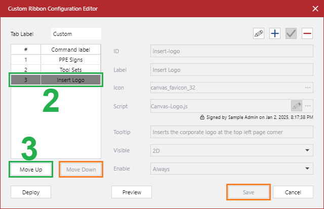 A command button selected from multiple command buttons in the Custom Ribbon Configuration Editor dialog