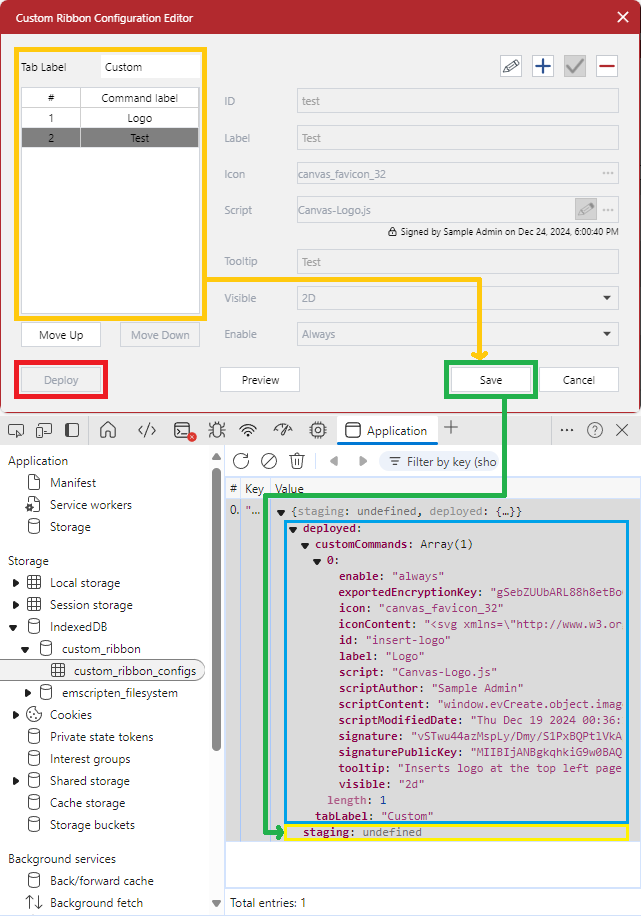 The deployed configuration of the custom ribbon tab with unsaved data in the Custom Ribbon Configuration Editor dialog