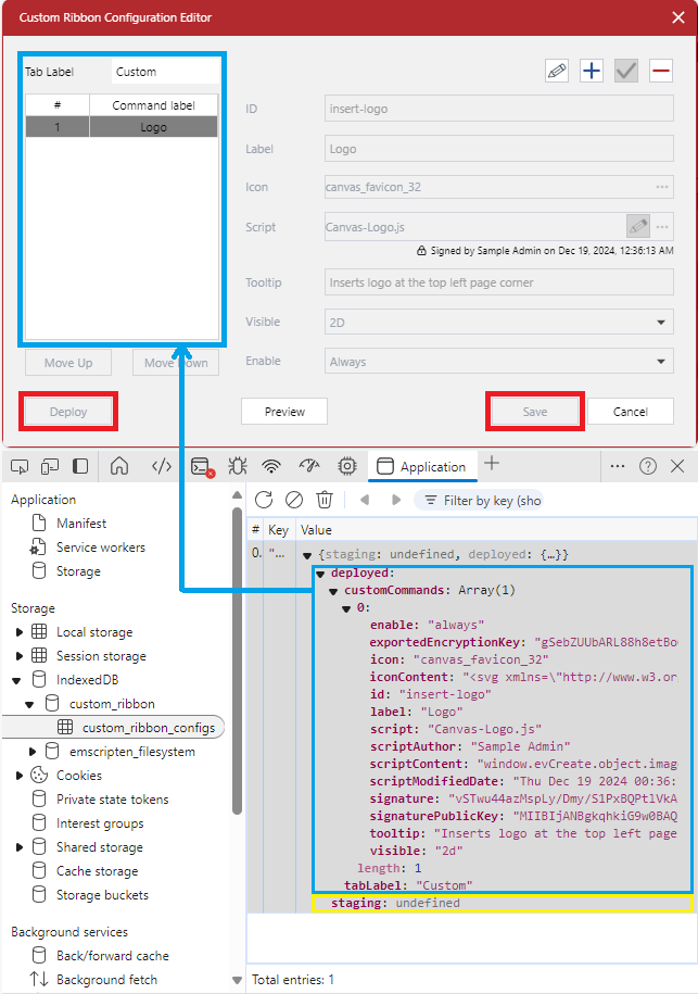 The deployed configuration of the custom ribbon tab in the Custom Ribbon Configuration Editor dialog