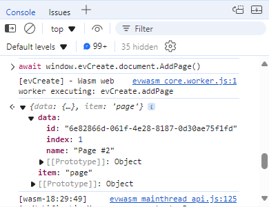 A new page item created by calling await window.evCreate.document.AddPage() in the browser console