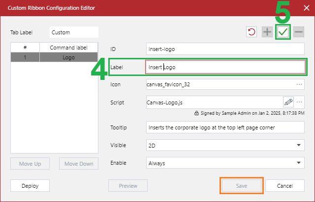 The edited ID and Tooltips fields in the Custom Ribbon Configuration Editor dialog when creating a new command button