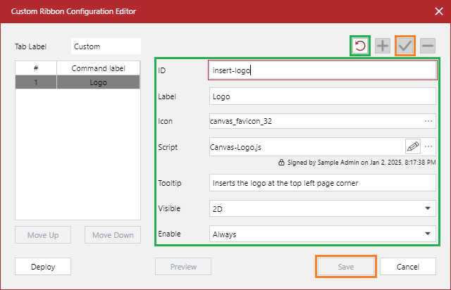 Editing the fields in the Custom Ribbon Configuration Editor dialog when creating a new command button