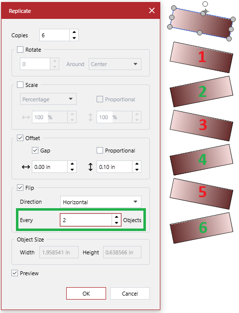 flipEvery = 2 makes every second copy flipped horizontally