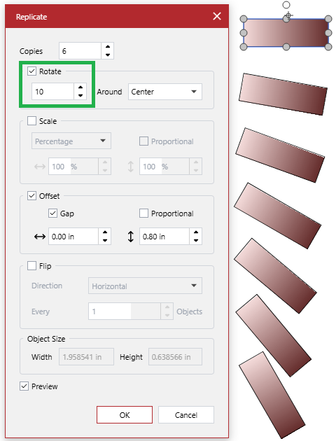 rotateDegree = 10 recursively rotates every next copy 10 degrees clockwise to the previous copy