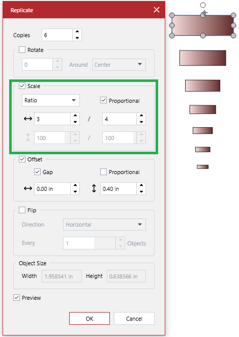 Proportional 3/4 scale recursively makes every next copy smaller than the previous copy by the factor of 0.75