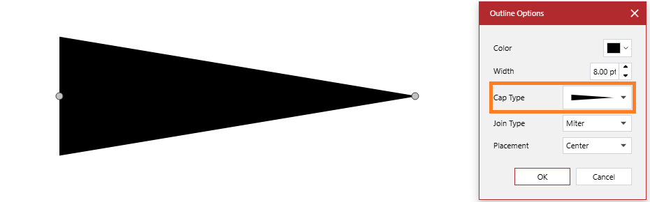 A given line is full-wide at the rear endpoint and tapered at the front endpoint