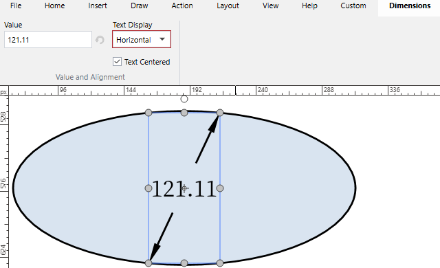 EvDimensionsTextDisplayType.Horizontal&mdash;the dimension label is inside the arrow line and parallel to the dimension's bounding box.