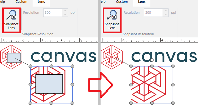 Snapshot Off: the lens frame dynamically displays the current view of the magnified area