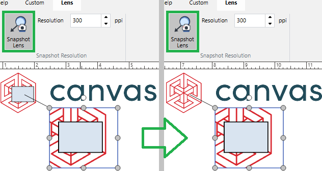 Snapshot On: the lens frame displays the stored static snapshot of the magnified area
