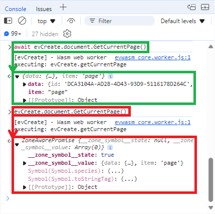 Function calls in the browser console with and without await