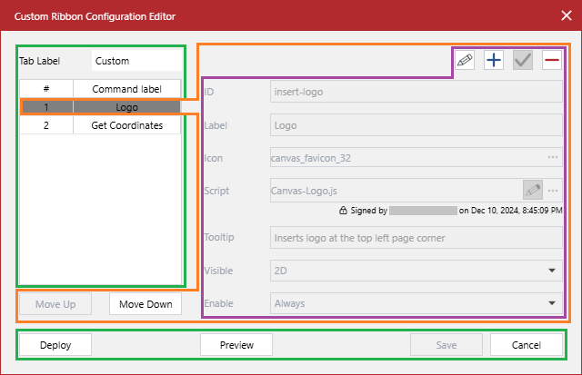 Groups of UI elements in the Custom Ribbon Configuration Editor dialog Groups of UI elements in the Custom Ribbon Configuration Editor dialog