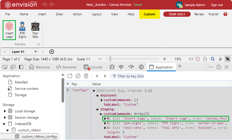 The last command button moved to the first position on the Custom ribbon tab in the staging configuration