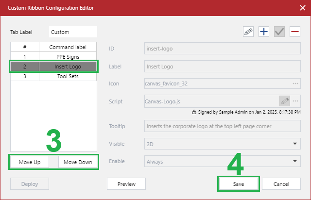 The last command button moved up in the Custom Ribbon Configuration Editor dialog