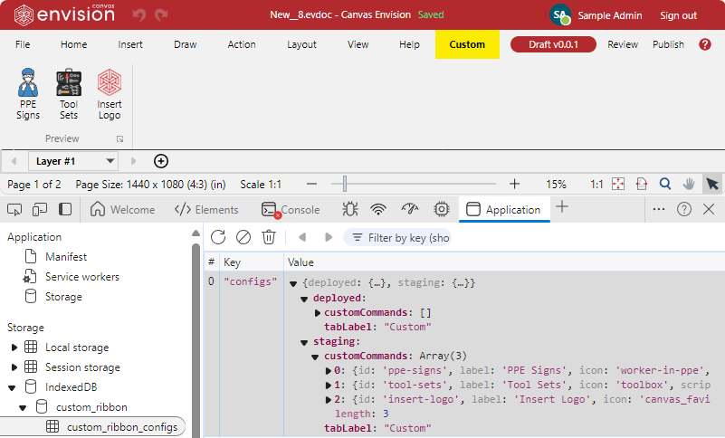 Multiple command buttons on the Custom ribbon tab