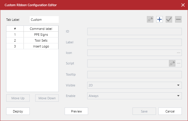 Multiple existing command buttons unselected in the Custom Ribbon Configuration Editor dialog