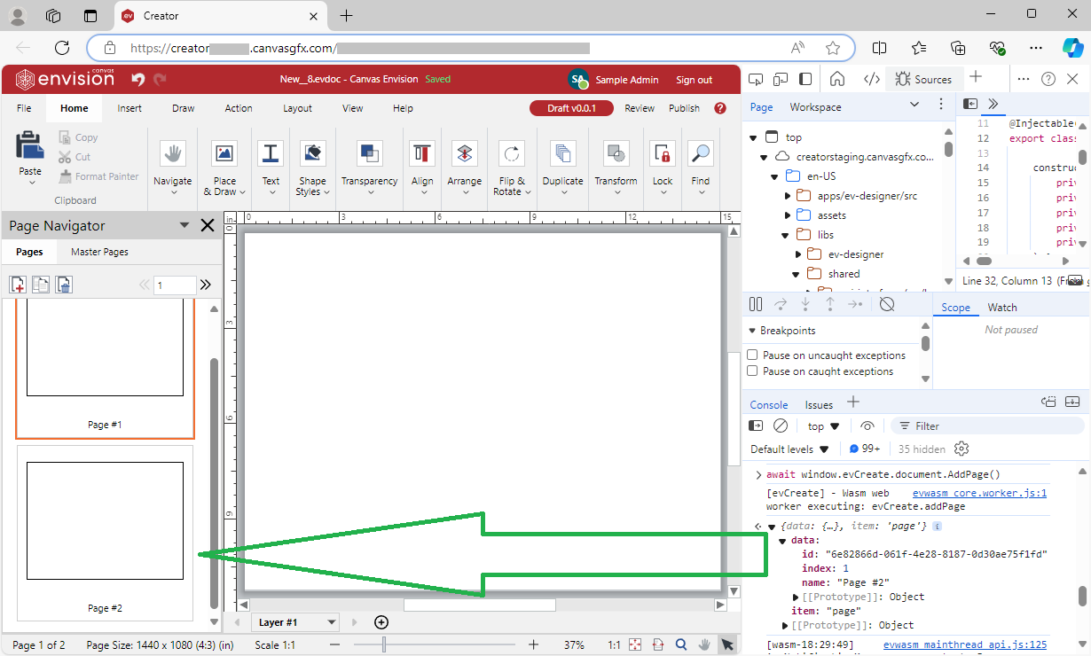 A new blank page added to the document by calling await window.evCreate.document.AddPage()