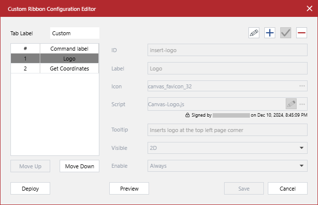The populated Custom Ribbon Configuration Editor dialog The populated Custom Ribbon Configuration Editor dialog