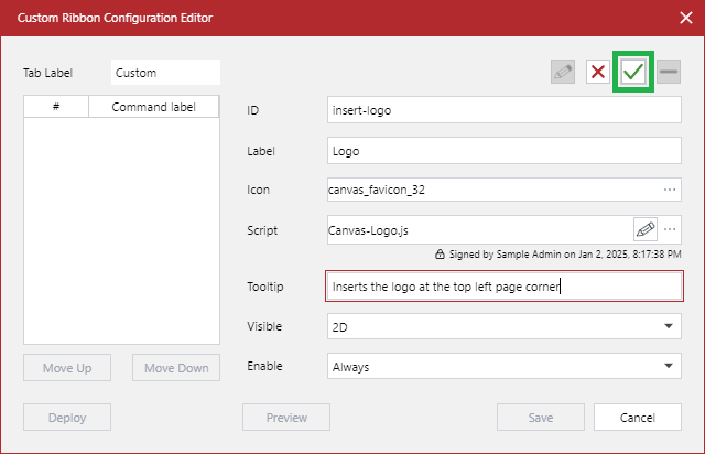 Populated fields in the Custom Ribbon Configuration Editor dialog when creating a new command button