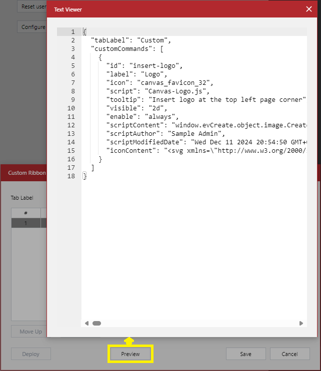 The ribbon tab layout JSON in the Text Viewer dialog launched from the Custom Ribbon Configuration Editor