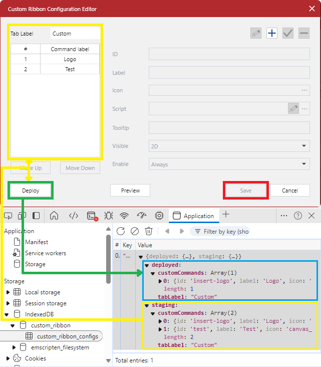 The staging and deployed configurations of the custom ribbon tab in the Custom Ribbon Configuration Editor dialog