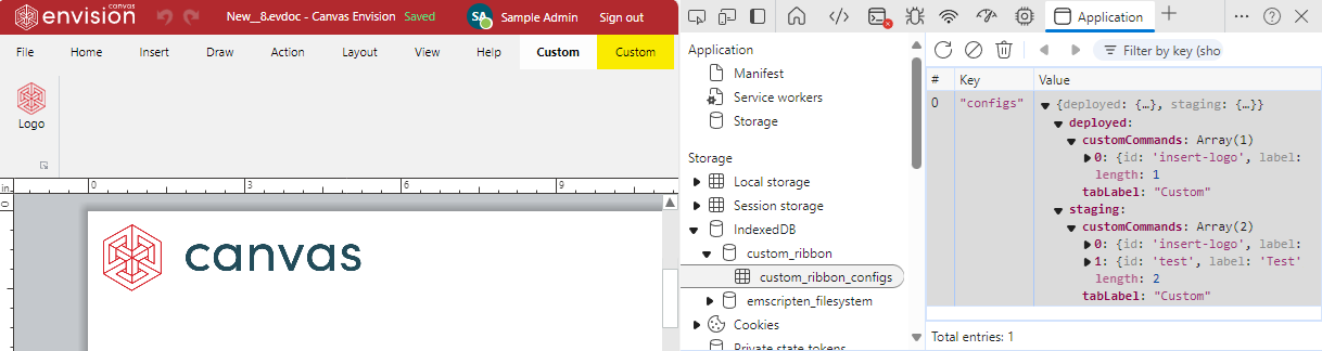 The deployed configuration of the custom ribbon tab