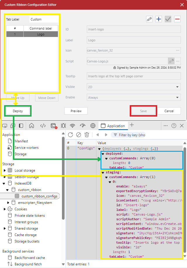 The staging configuration of the custom ribbon tab in the Custom Ribbon Configuration Editor dialog