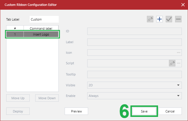 An updated command button in the Custom Ribbon Configuration Editor dialog