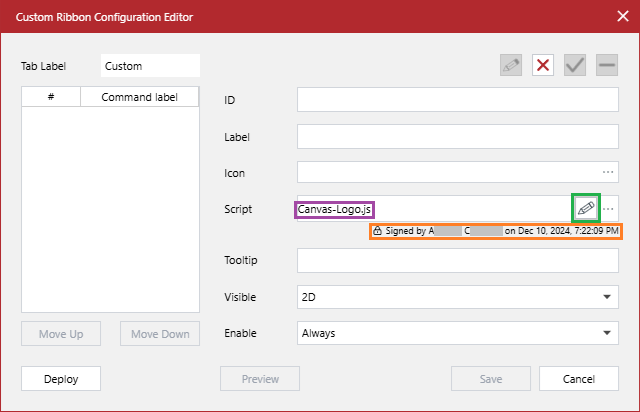 The valid Canvas-Logo.js script file in the Custom Ribbon Configuration Editor dialog The valid Canvas-Logo.js script file in the Custom Ribbon Configuration Editor dialog